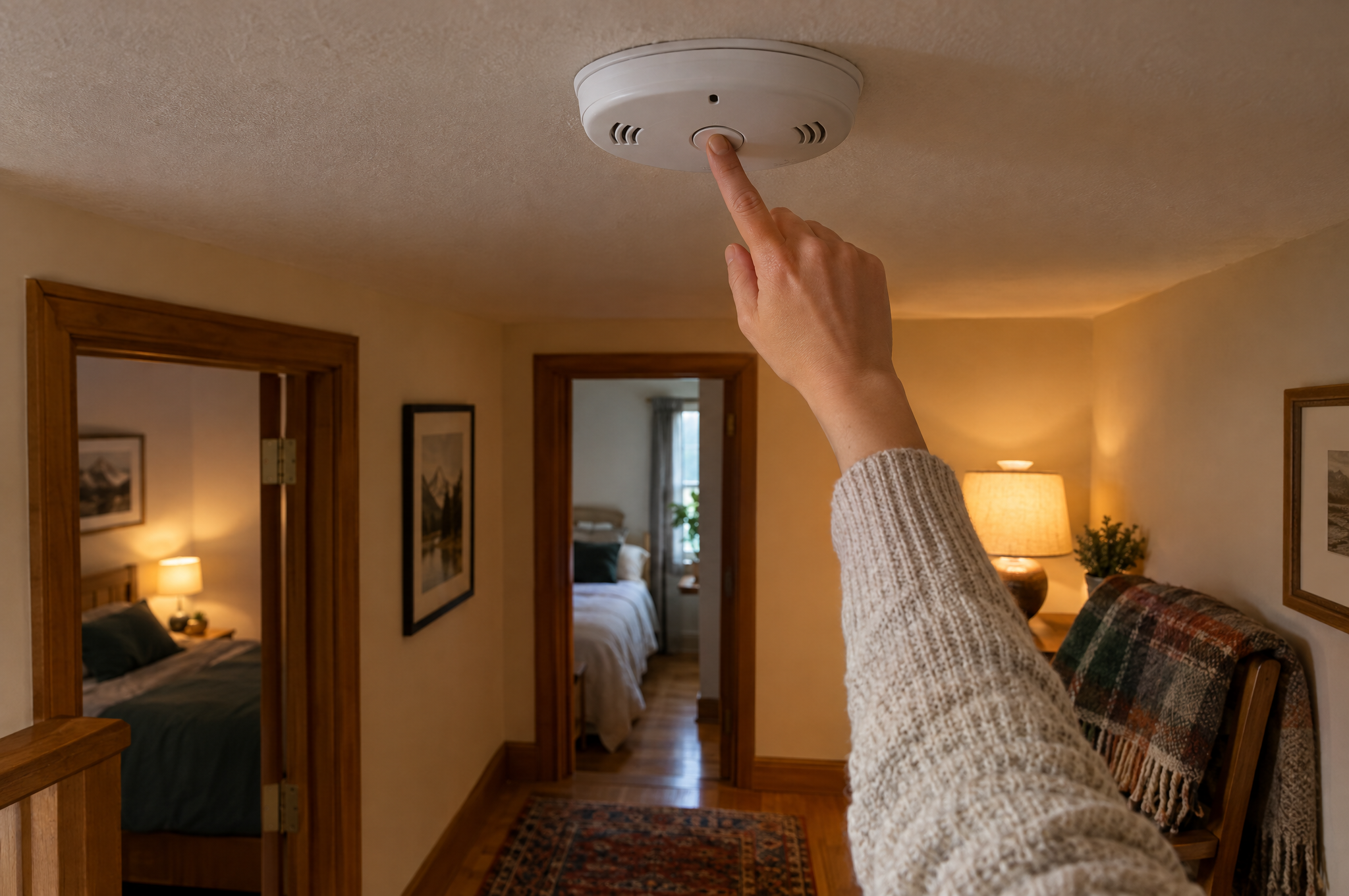 Hand pressing the test button on a ceiling-mounted smoke and carbon monoxide alarm in a hallway outside bedrooms