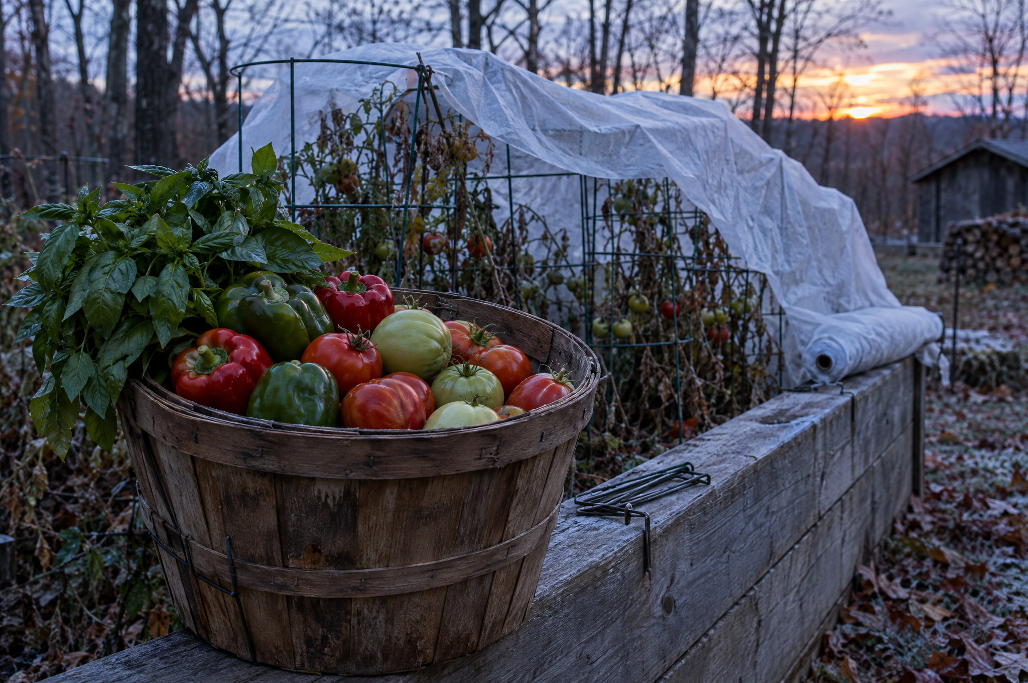 Harvest basket of ripe and green tomatoes, peppers, and basil beside a raised bed with frost cloth half unrolled at dusk