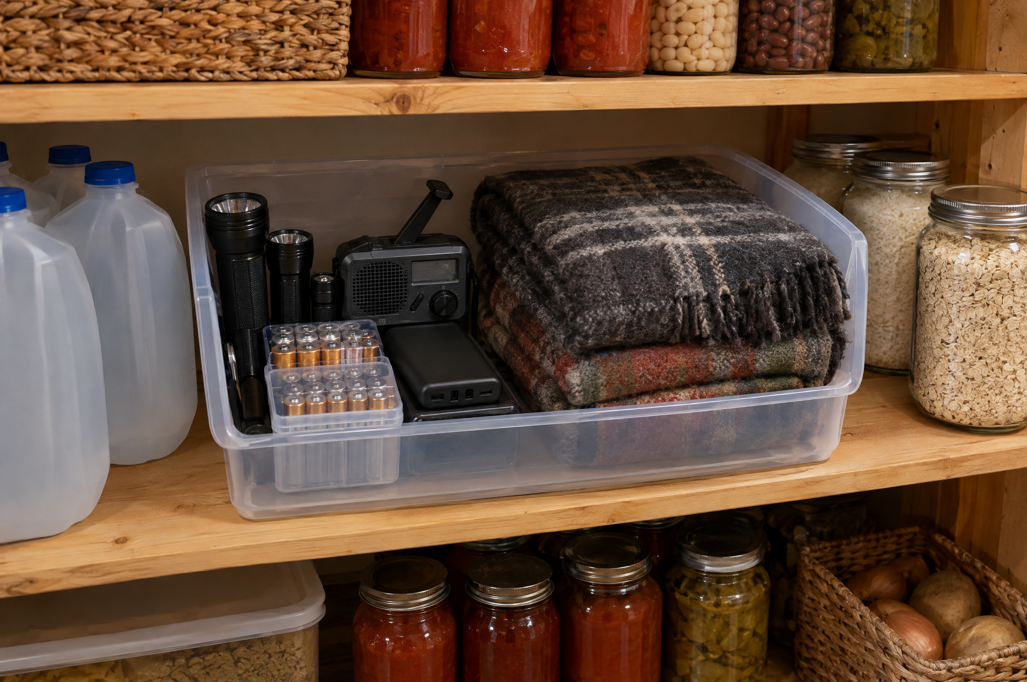 Pantry shelf with a bin of flashlights, batteries, a hand-crank radio, power bank, and blankets next to water jugs and home-canned jars