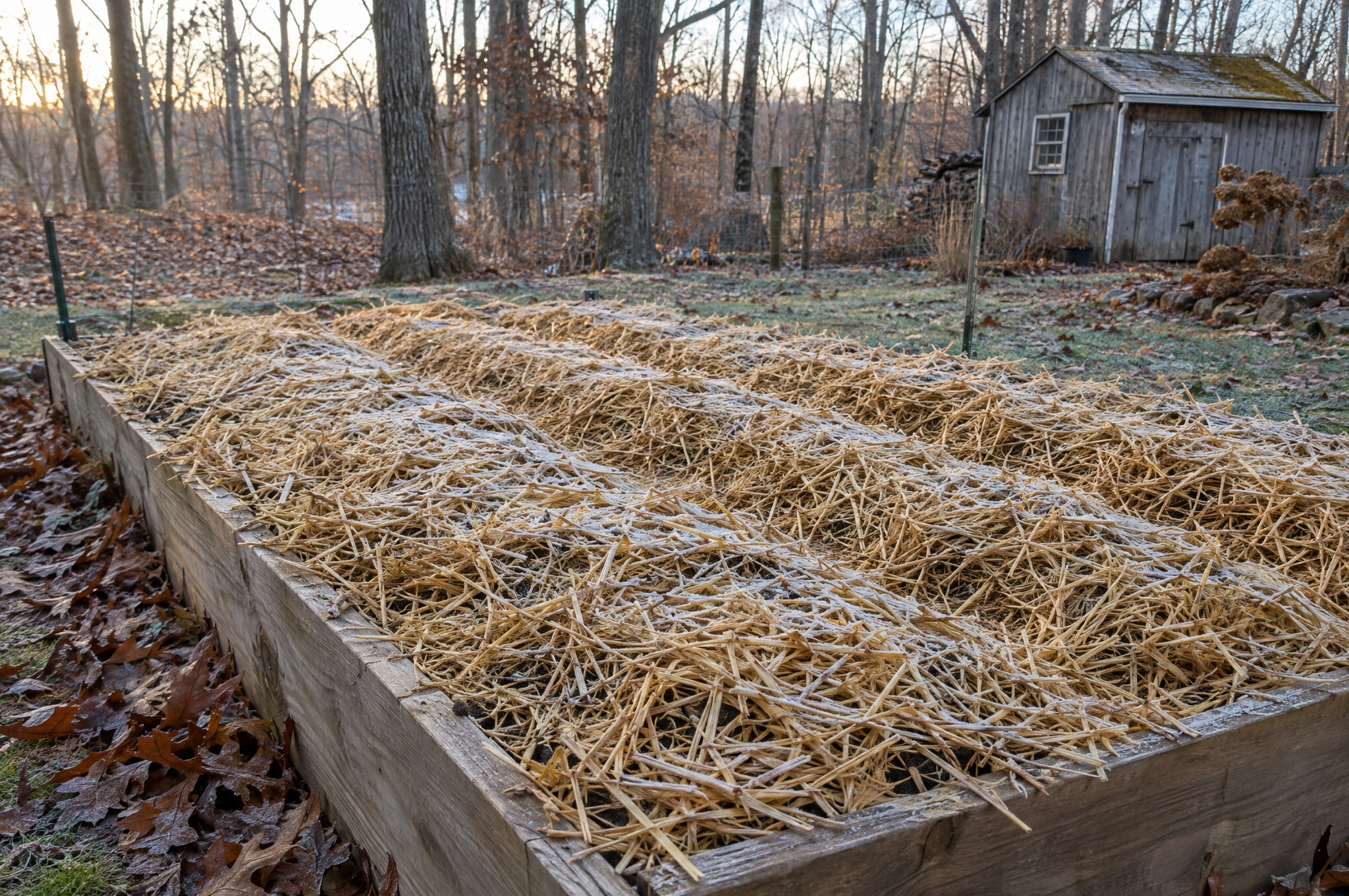 Garlic bed covered in a thick layer of straw mulch with light frost, bare trees and a small shed behind