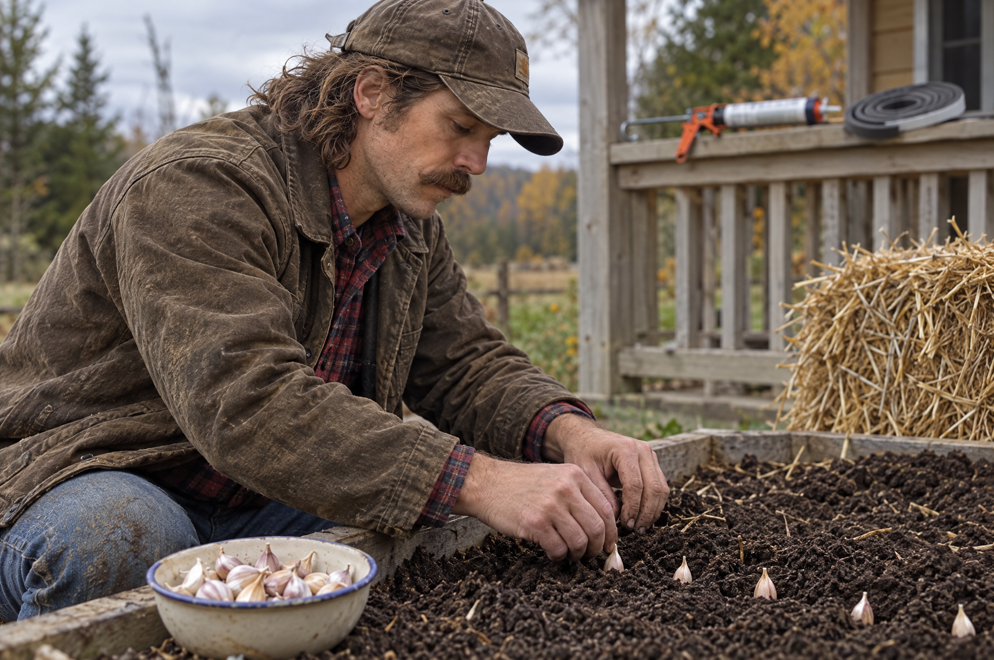 James Thornton kneeling at a raised bed pressing garlic cloves into the soil, with a caulk gun on the porch rail behind