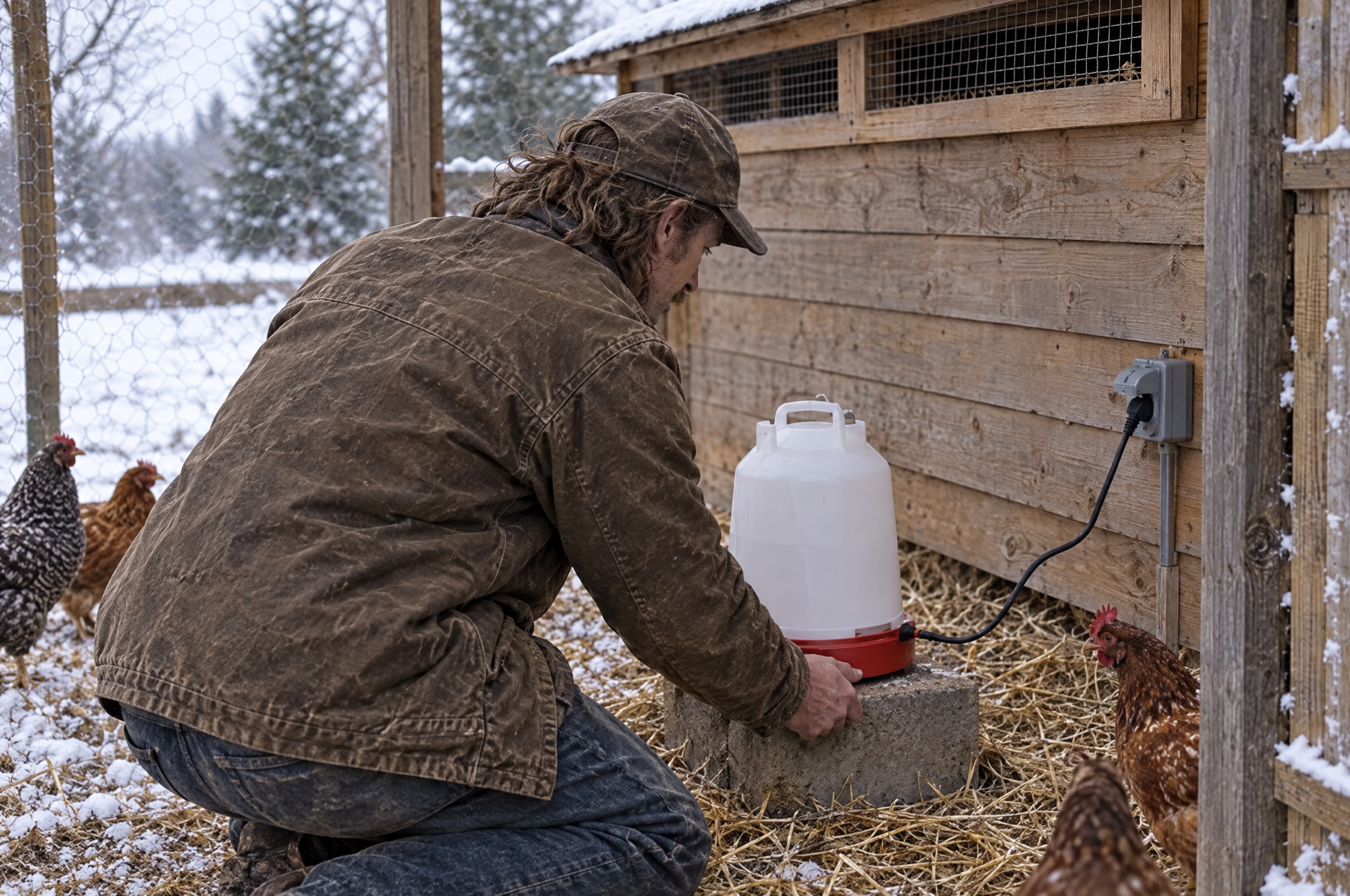 James Thornton setting a heated poultry waterer on a concrete block inside a snowy chicken run
