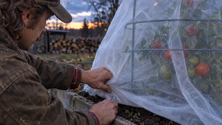 Winterizing your home: hands pulling frost cloth over a tomato cage and pinning it with a landscape staple in a raised bed at dusk