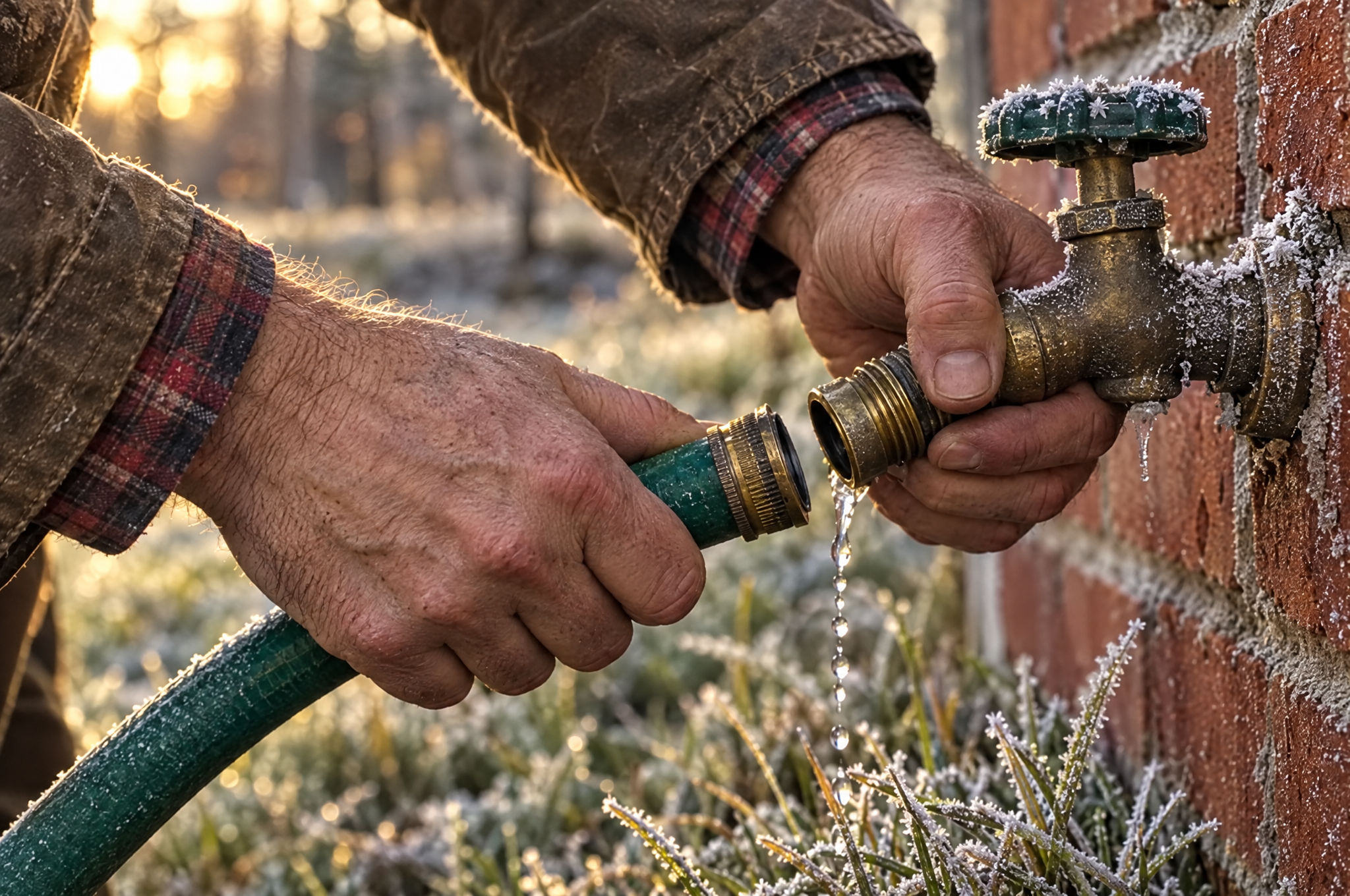 Close-up of hands unscrewing a garden hose from a frosty outdoor faucet on a brick wall