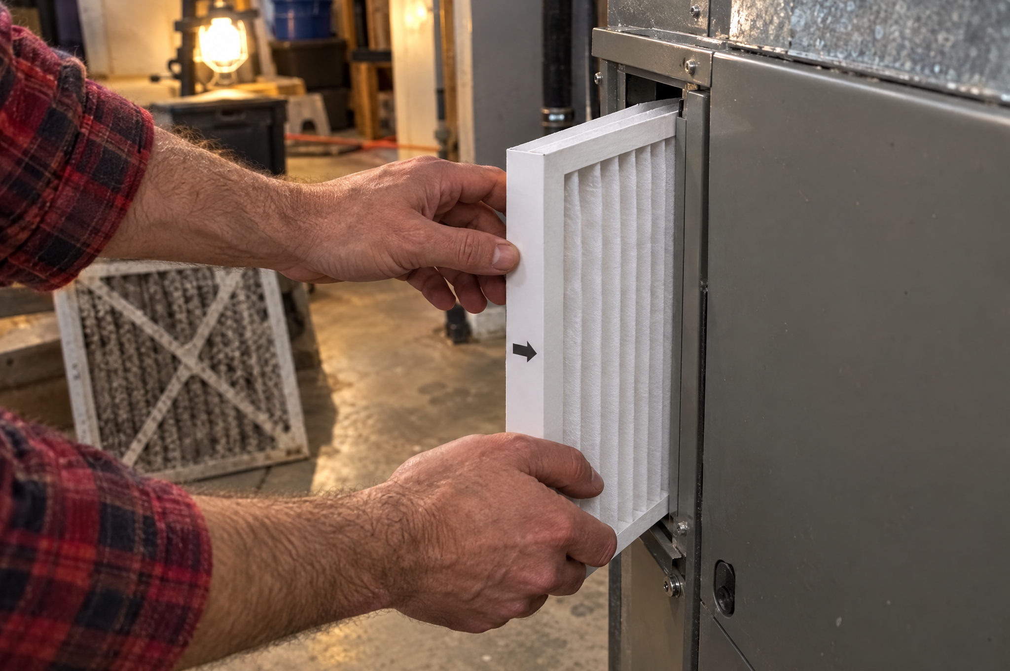 Close-up of hands sliding a new pleated air filter into a basement furnace, old dirty filter behind