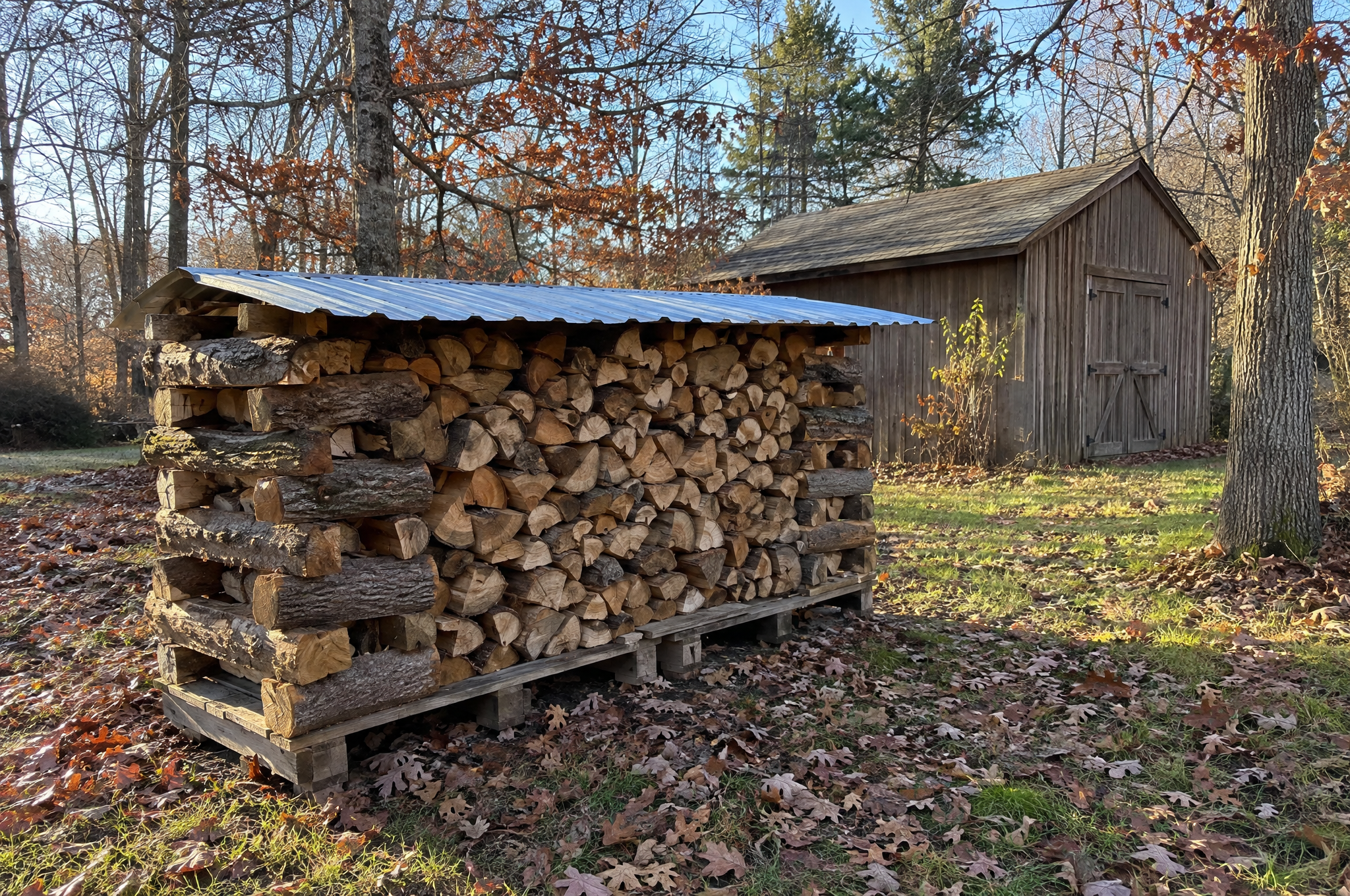 Firewood stacked on pallets with crisscrossed ends and a metal roof panel over the top only