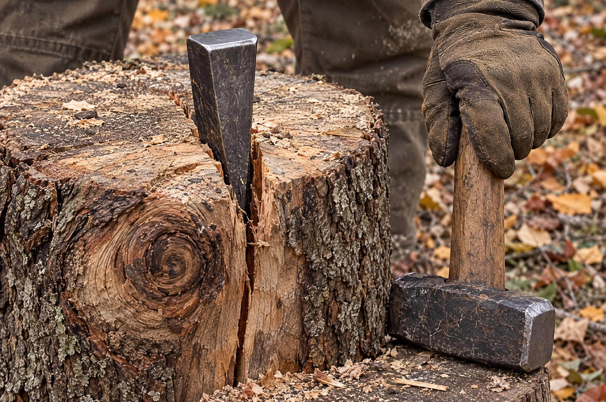 Steel splitting wedge set in a crack of a knotty round, with a short sledgehammer beside it