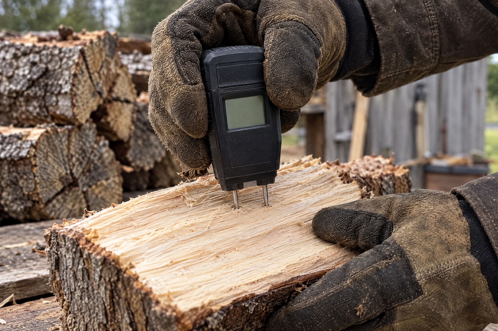 Pin moisture meter pressed into the fresh inside face of a just-split piece of firewood