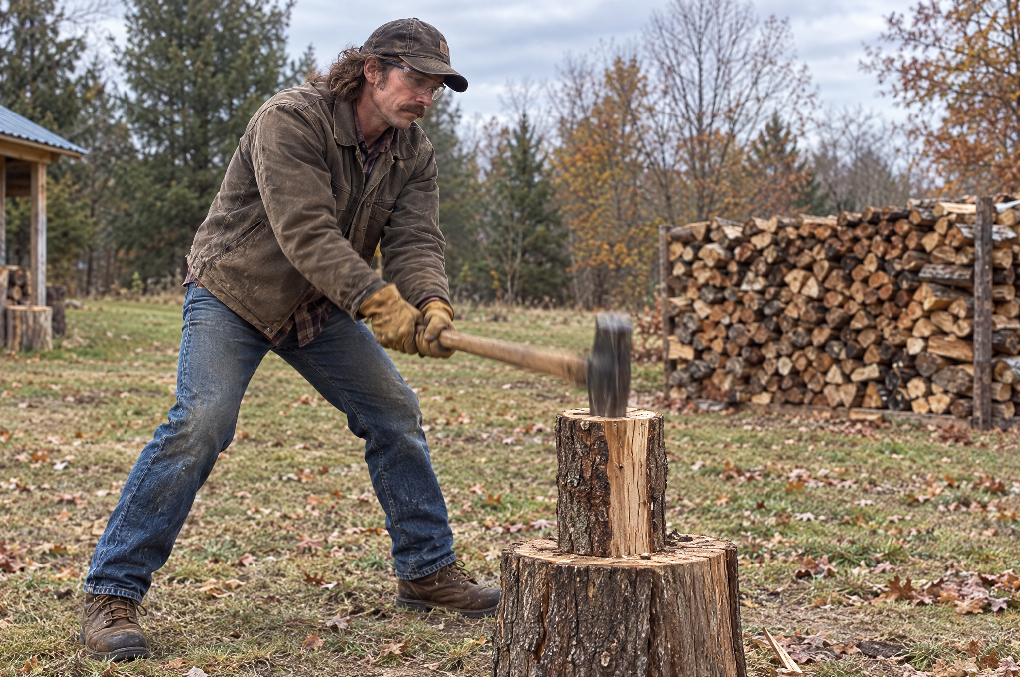 Man in safety glasses mid-swing with a splitting maul, knees bent, feet square to the chopping block