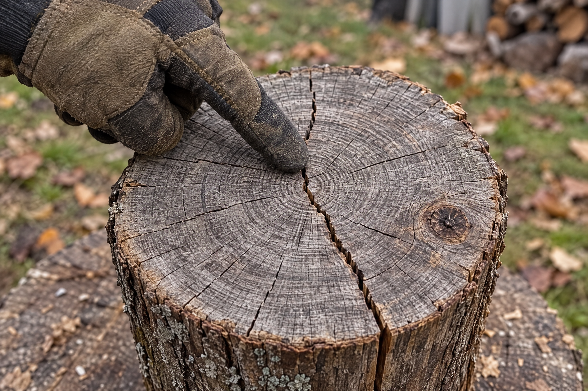 How to split firewood: a gloved finger traces a crack across the top of a round to pick the strike spot