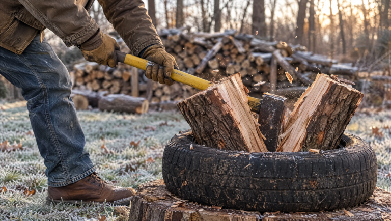 How to split firewood: a maul splits an oak round set inside a tire on a chopping block