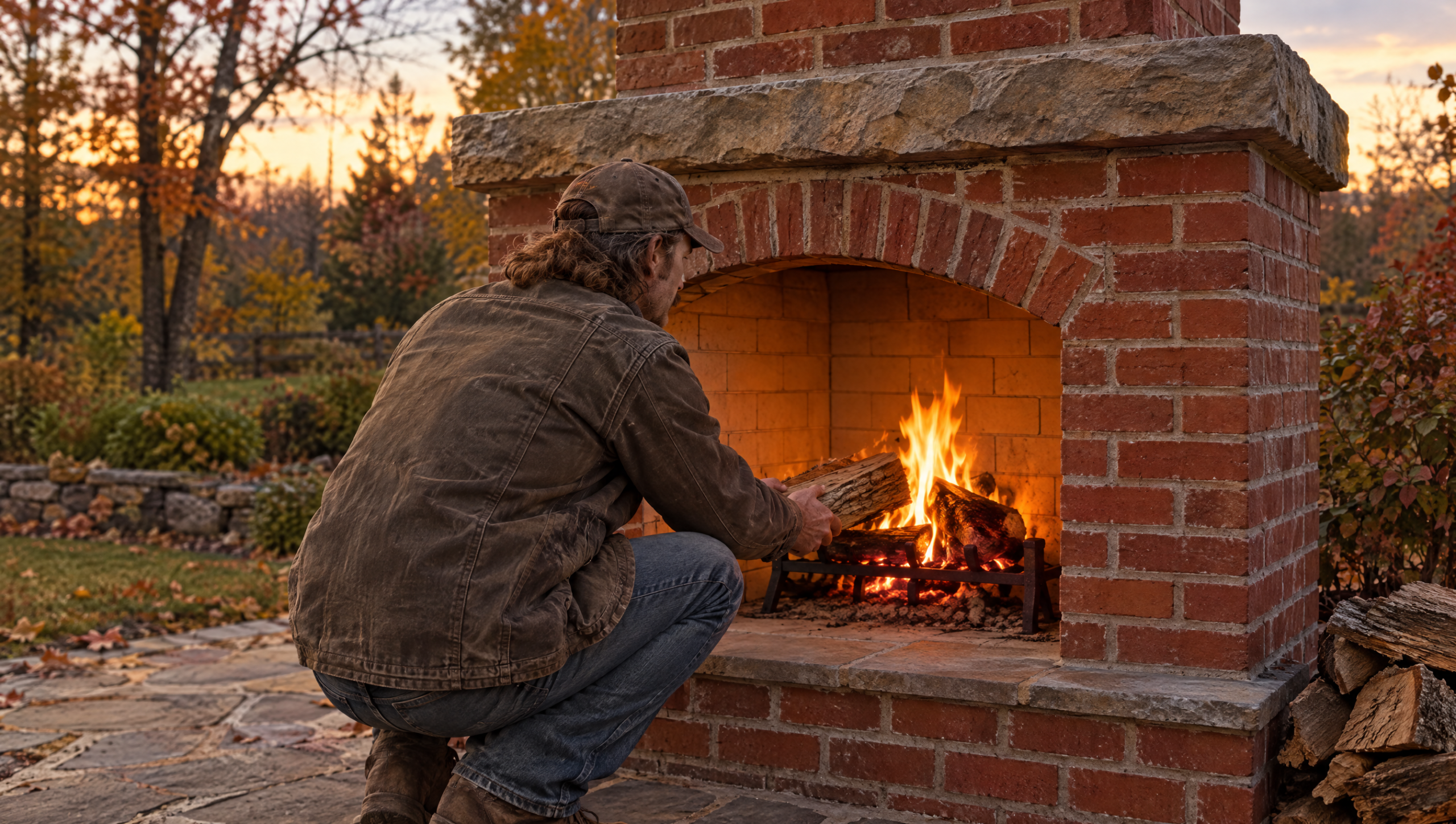 How to build an outdoor fireplace: finished brick fireplace with a small fire on a stone patio