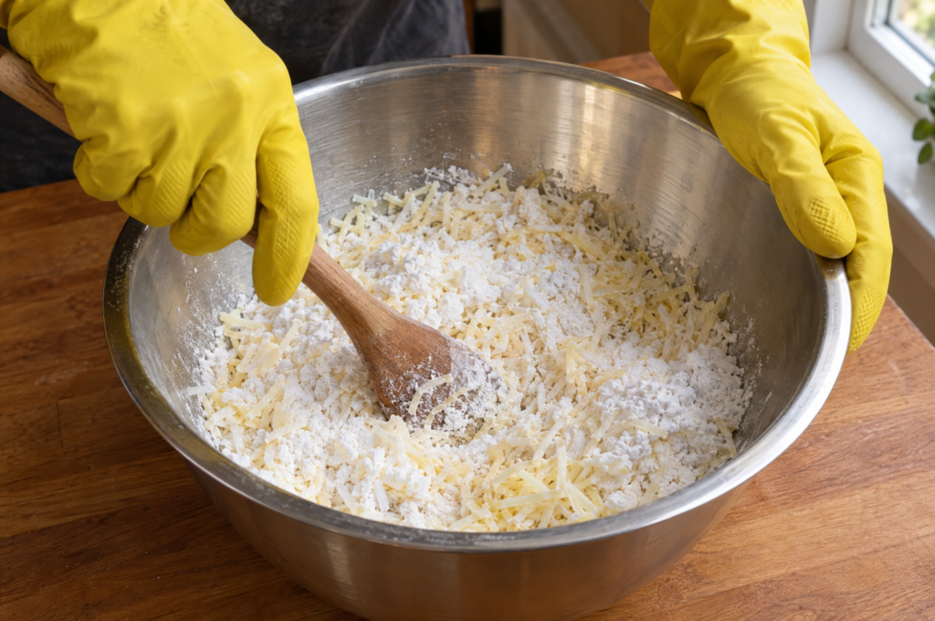 Homemade laundry detergent recipes: gloved hands mixing classic powder in a bowl