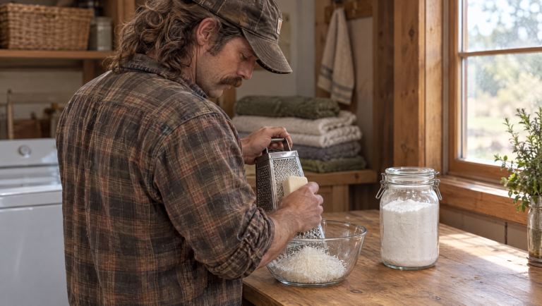Homemade laundry detergent recipes: grating a soap bar into a glass bowl for powder