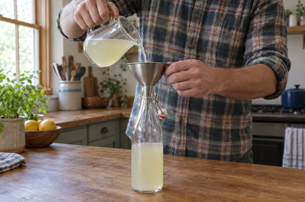 Liquid castile laundry detergent poured into a glass bottle through a funnel