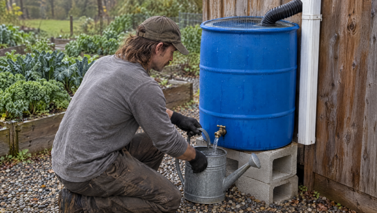Rainwater harvesting: filling a watering can from a blue rain barrel on a cinder-block stand.