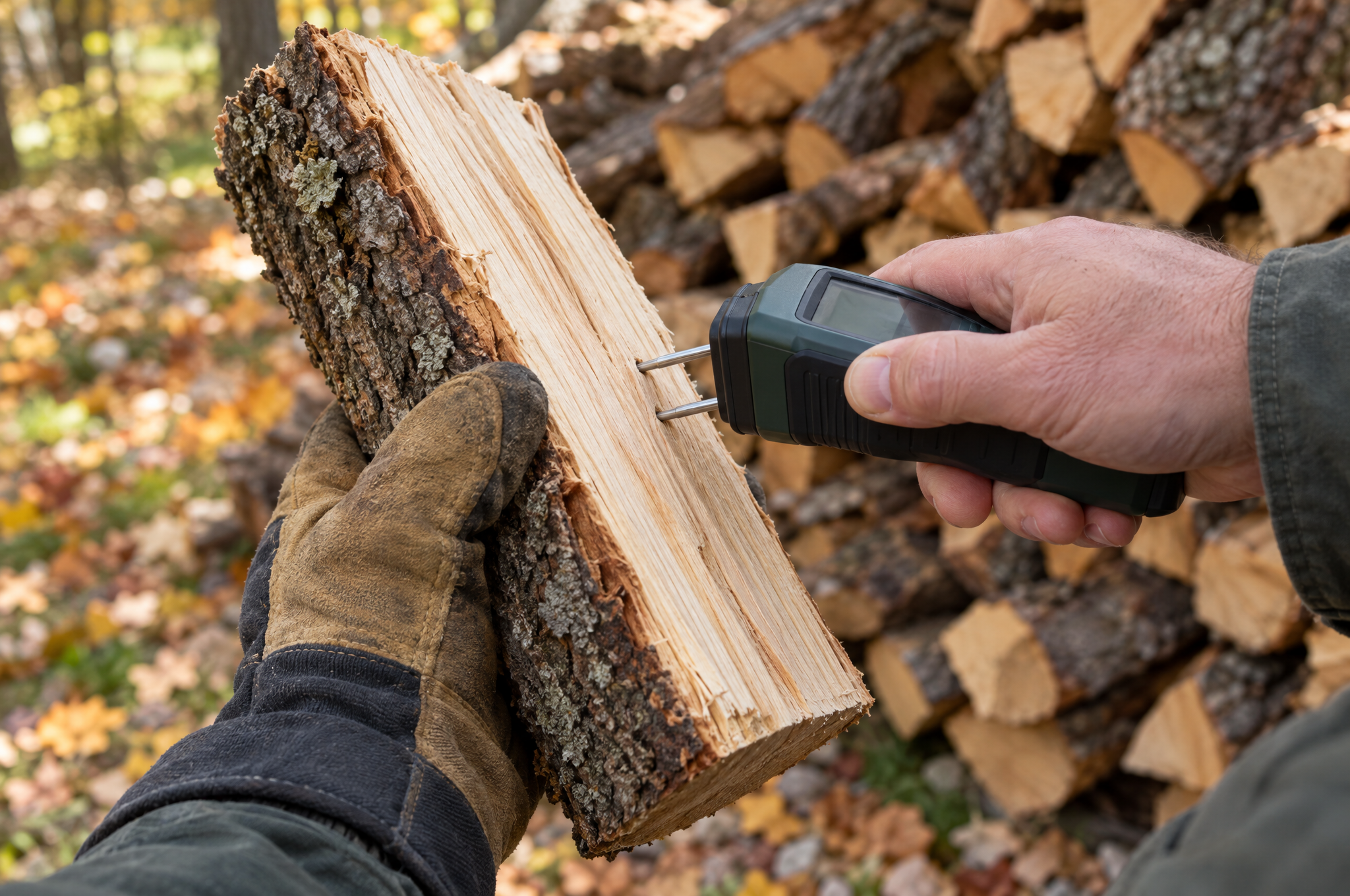 Testing a split log with a moisture meter on the fresh face
