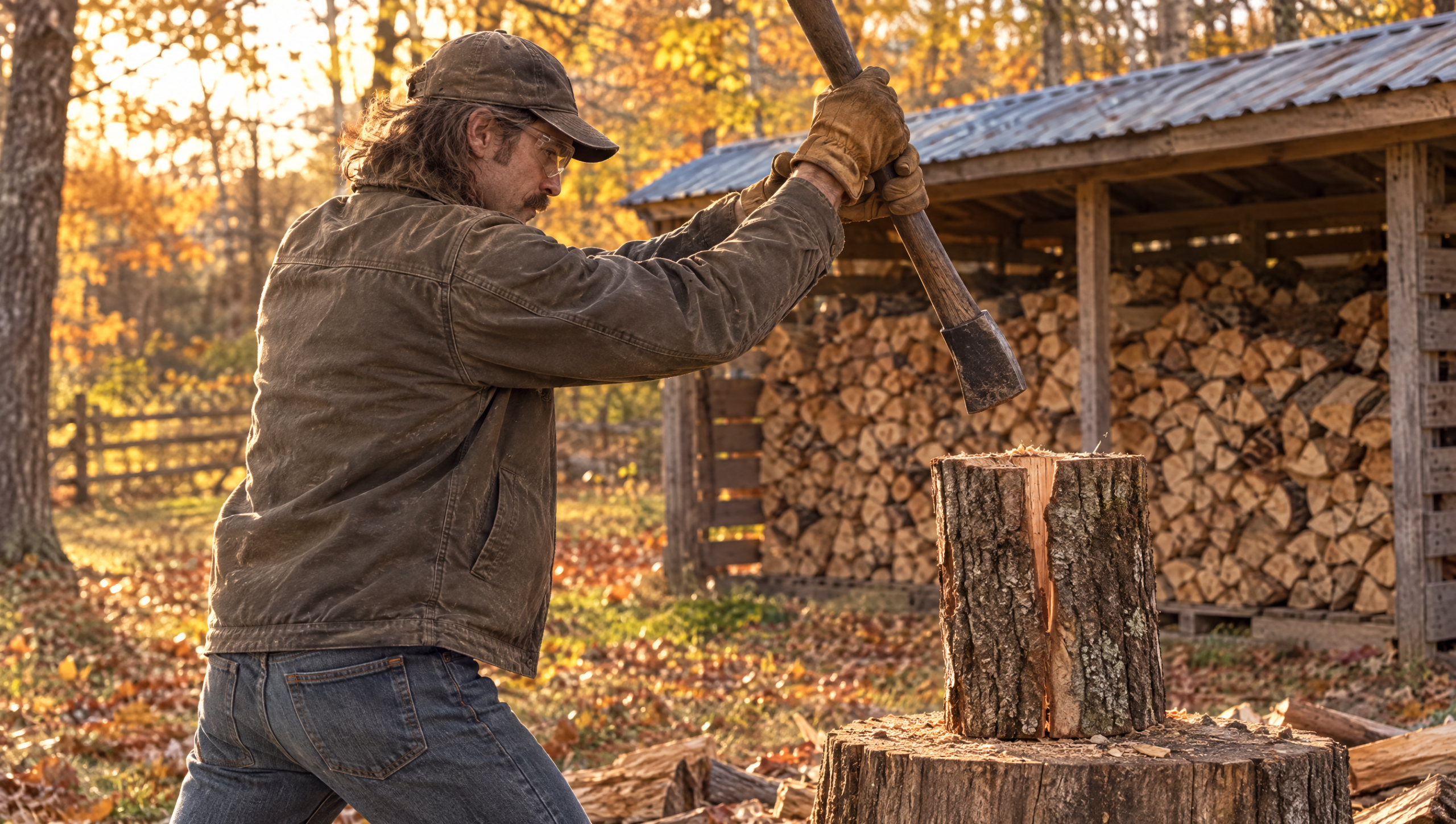 Best firewood: splitting seasoned oak beside a covered woodpile in fall