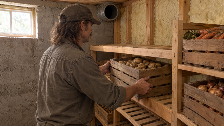 Build a root cellar: crates of potatoes on slatted shelves in a basement corner