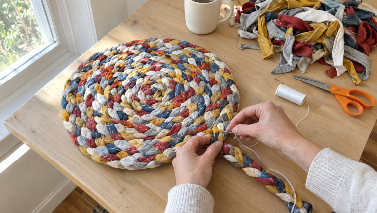 How to make a rag rug: hands stitching a braided T-shirt strip rag rug into its coil on a sunny kitchen table