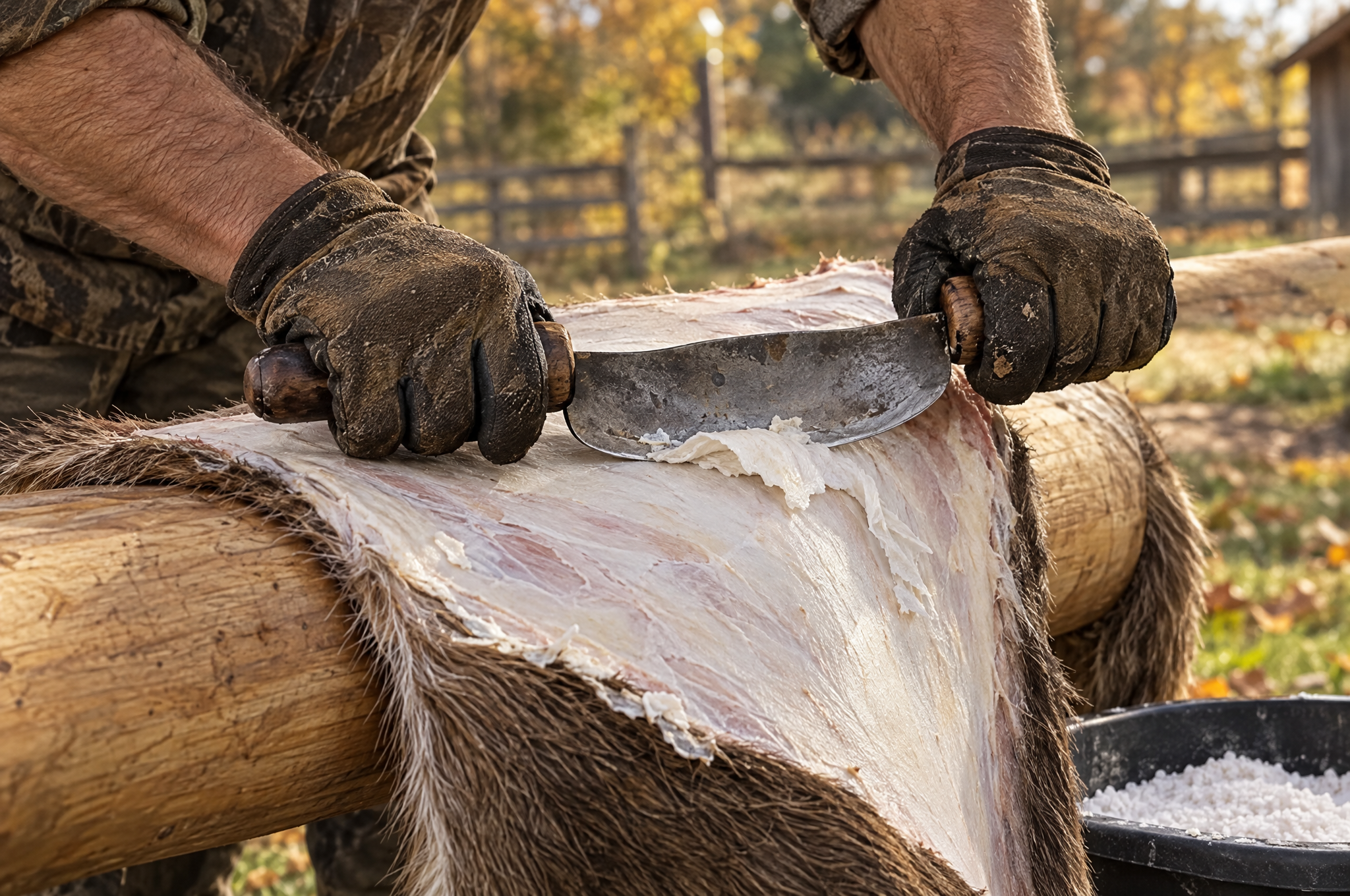 Fleshing a deer hide over a wooden beam with a two-handled fleshing knife