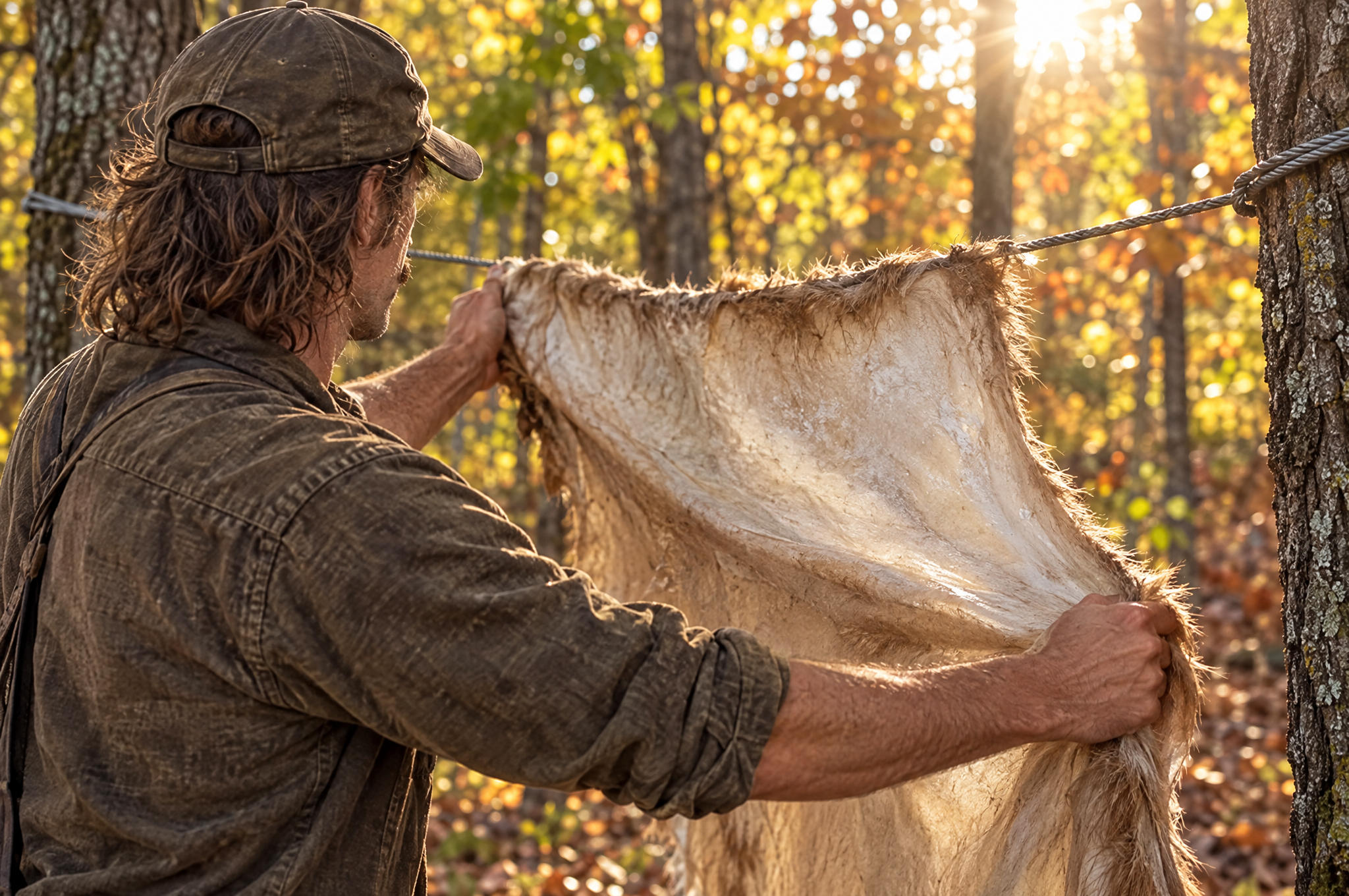 Tanning hides: working a damp deer hide over a cable so it dries soft