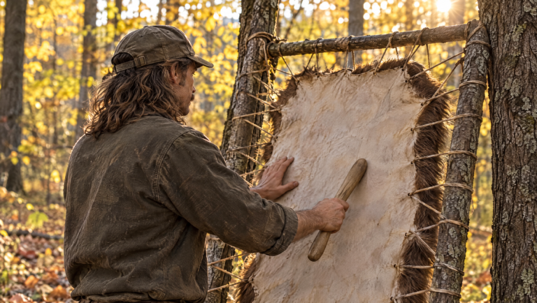 Tanning hides at home: softening a hair-on deer hide laced in a wooden frame