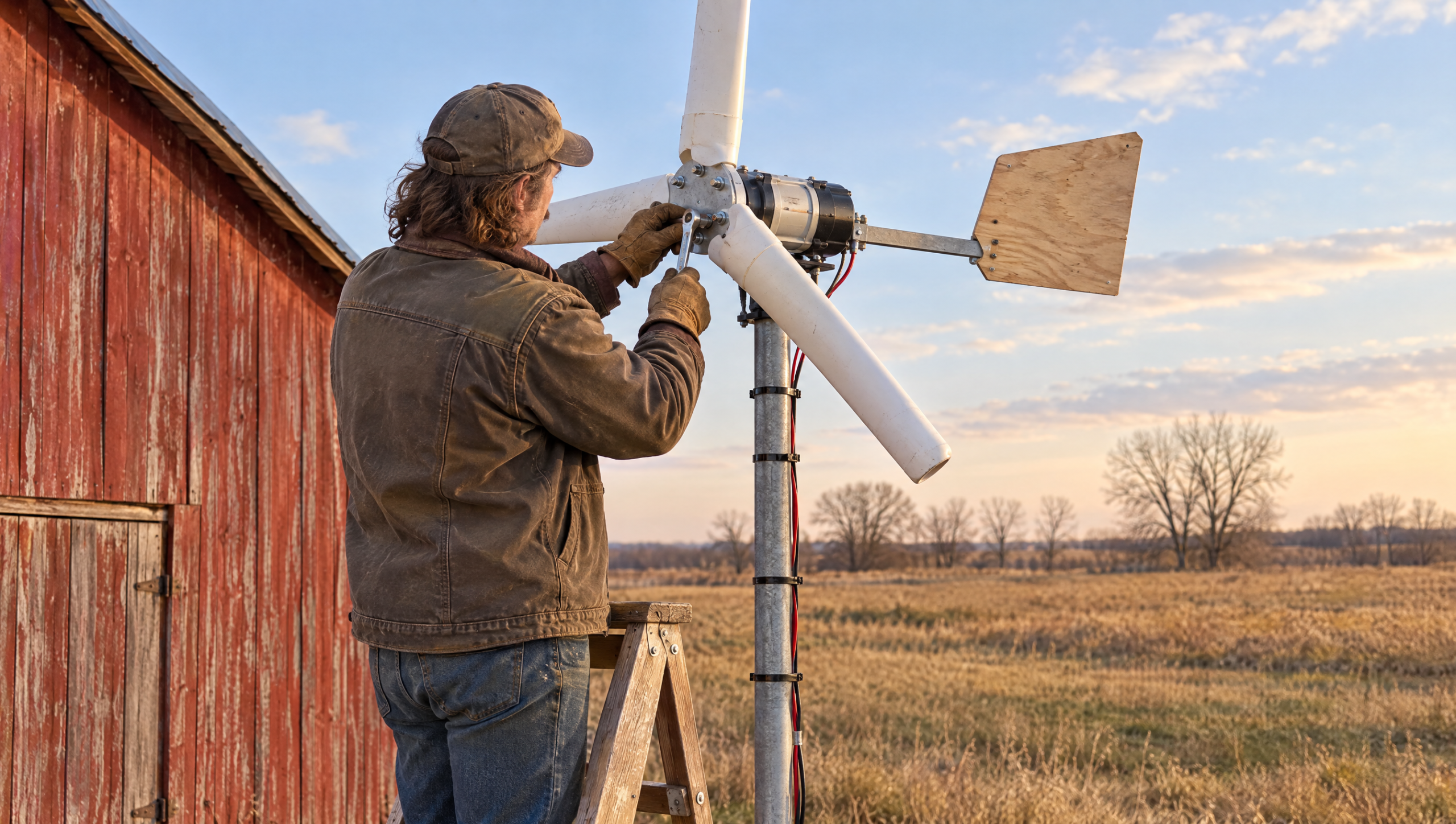 DIY wind turbine: a homemade three-blade turbine with PVC pipe blades being bolted onto a pole beside a barn